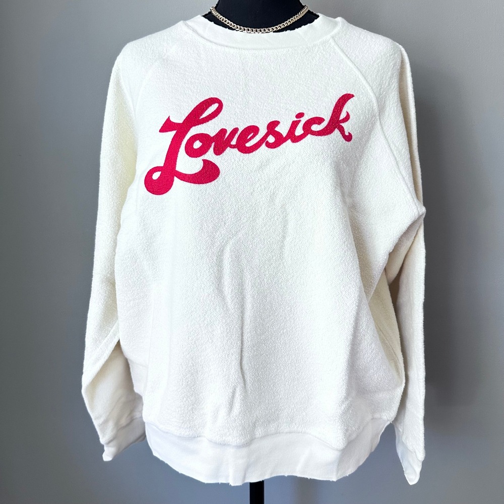 Daydreamer‎ Women Sweatshirt Small Cream Red Lovesick Reverse Raglan Crew Neck